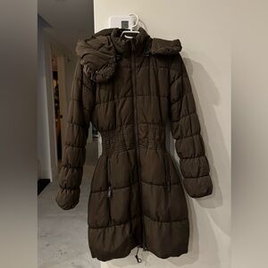 Women's Brown Long Hooded Puffer Jacket by European Designer